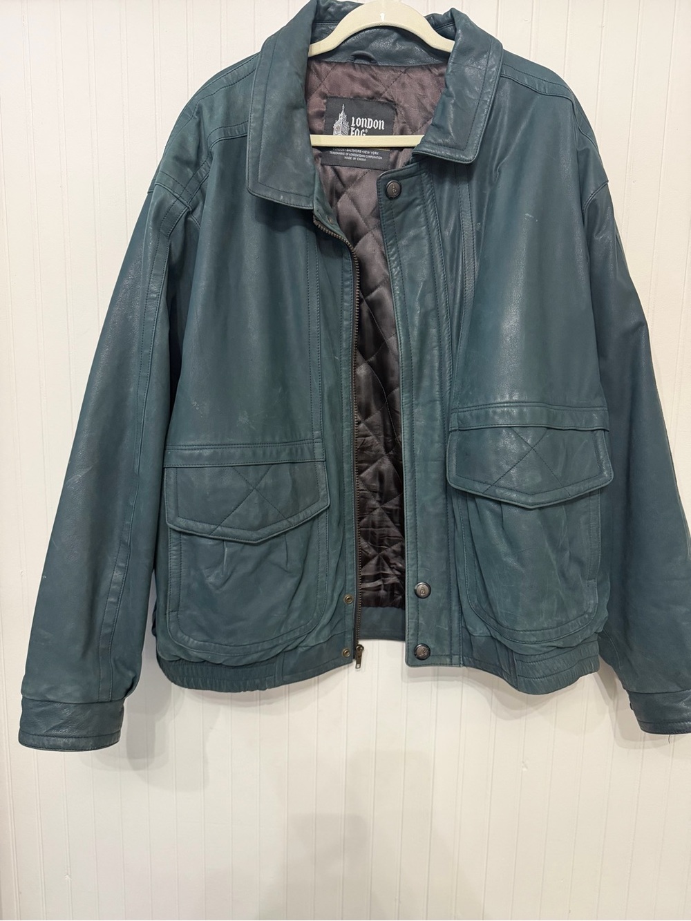 🔥 London Fog Trending Teal Bomber-Style Leather Jacket Vintage